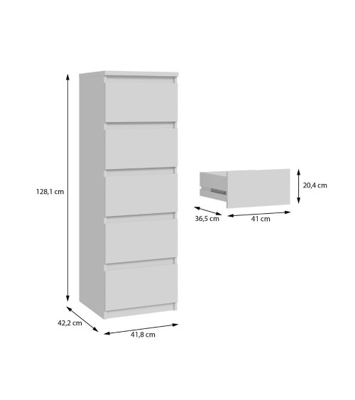 Cassettiera Morgan 5 cassetti 41.8 x 42.2 x H 128 cm. colore bianco opaco