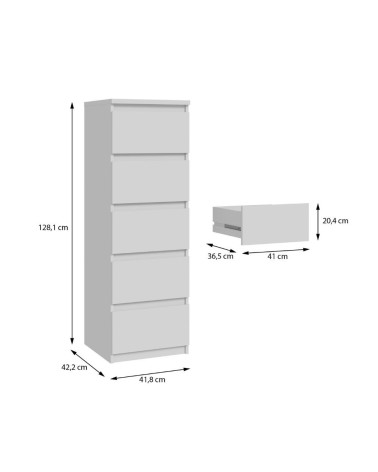 Cassettiera Morgan 5 cassetti 41.8 x 42.2 x H 128 cm. colore bianco opaco