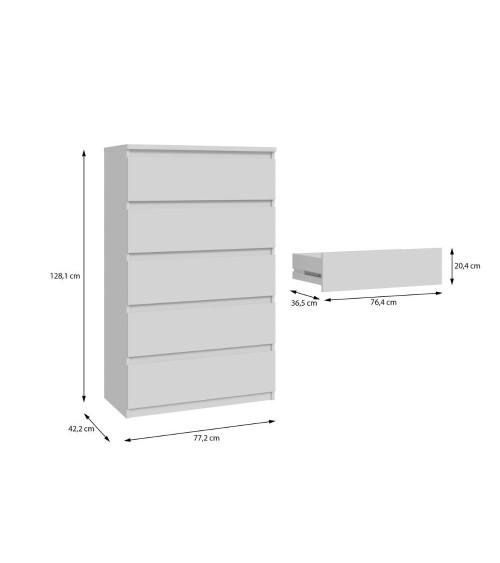 Cassettiera Morgan 5 cassetti 77.2 x 42.2 x H 128.1 cm colore bianco opaco