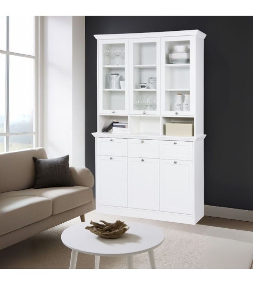 Credenza con vetrina Landwood50 3 ante vetro superiori 3 ante inferiori vani a giorno e 3 cassetti in bianco