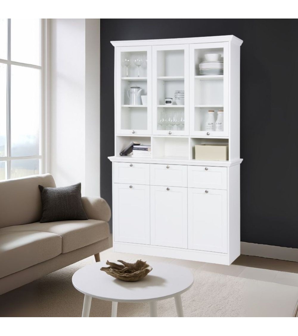 Credenza con vetrina Landwood50 3 ante vetro superiori 3 ante inferiori vani a giorno e 3 cassetti in bianco