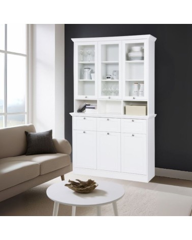 Credenza con vetrina Landwood50 3 ante vetro superiori 3 ante inferiori vani a giorno e 3 cassetti in bianco