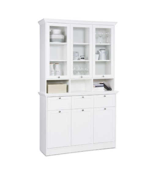 Credenza con vetrina Landwood50 3 ante vetro superiori 3 ante inferiori vani a giorno e 3 cassetti in bianco