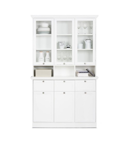 Credenza con vetrina Landwood50 3 ante vetro superiori 3 ante inferiori vani a giorno e 3 cassetti in bianco