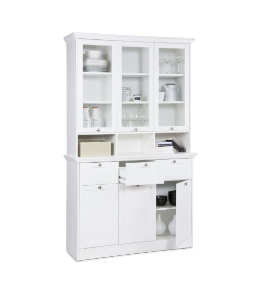 Credenza con vetrina Landwood50 3 ante vetro superiori 3 ante inferiori vani a giorno e 3 cassetti in bianco