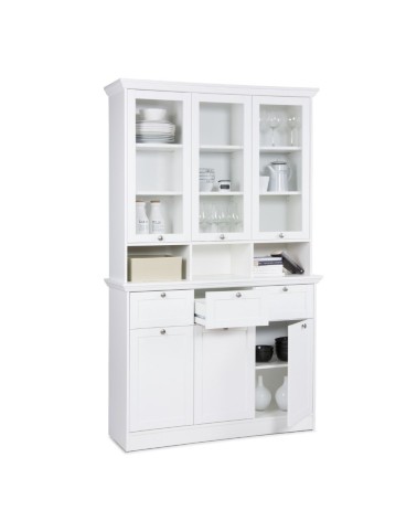 Credenza con vetrina Landwood50 3 ante vetro superiori 3 ante inferiori vani a giorno e 3 cassetti in bianco
