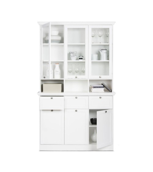 Credenza con vetrina Landwood50 3 ante vetro superiori 3 ante inferiori vani a giorno e 3 cassetti in bianco