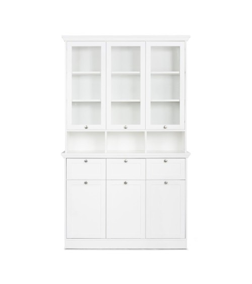 Credenza con vetrina Landwood50 3 ante vetro superiori 3 ante inferiori vani a giorno e 3 cassetti in bianco