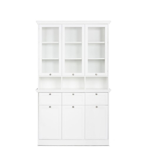 Credenza con vetrina Landwood50 3 ante vetro superiori 3 ante inferiori vani a giorno e 3 cassetti in bianco