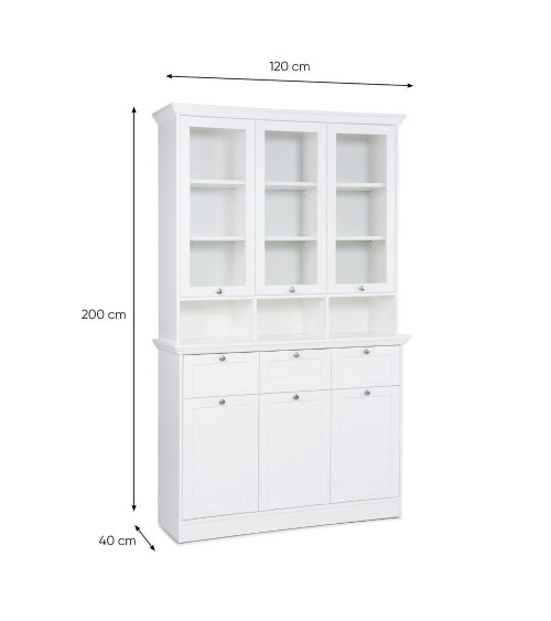 Credenza con vetrina Landwood50 3 ante vetro superiori 3 ante inferiori vani a giorno e 3 cassetti in bianco