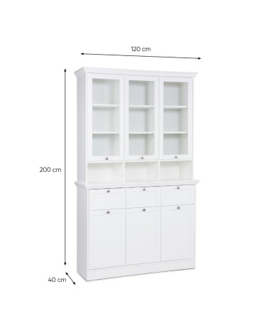 Credenza con vetrina Landwood50 3 ante vetro superiori 3 ante inferiori vani a giorno e 3 cassetti in bianco
