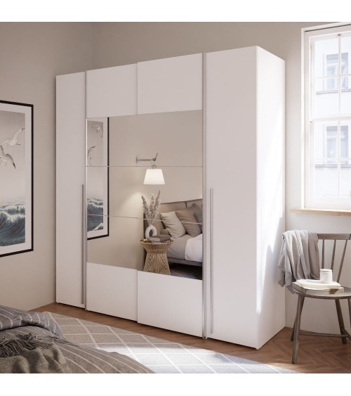 Armadio Callia 2 ante battenti bianco e 2 ante scorrevoli con specchio 200.1x61.2xH210.5 cm.