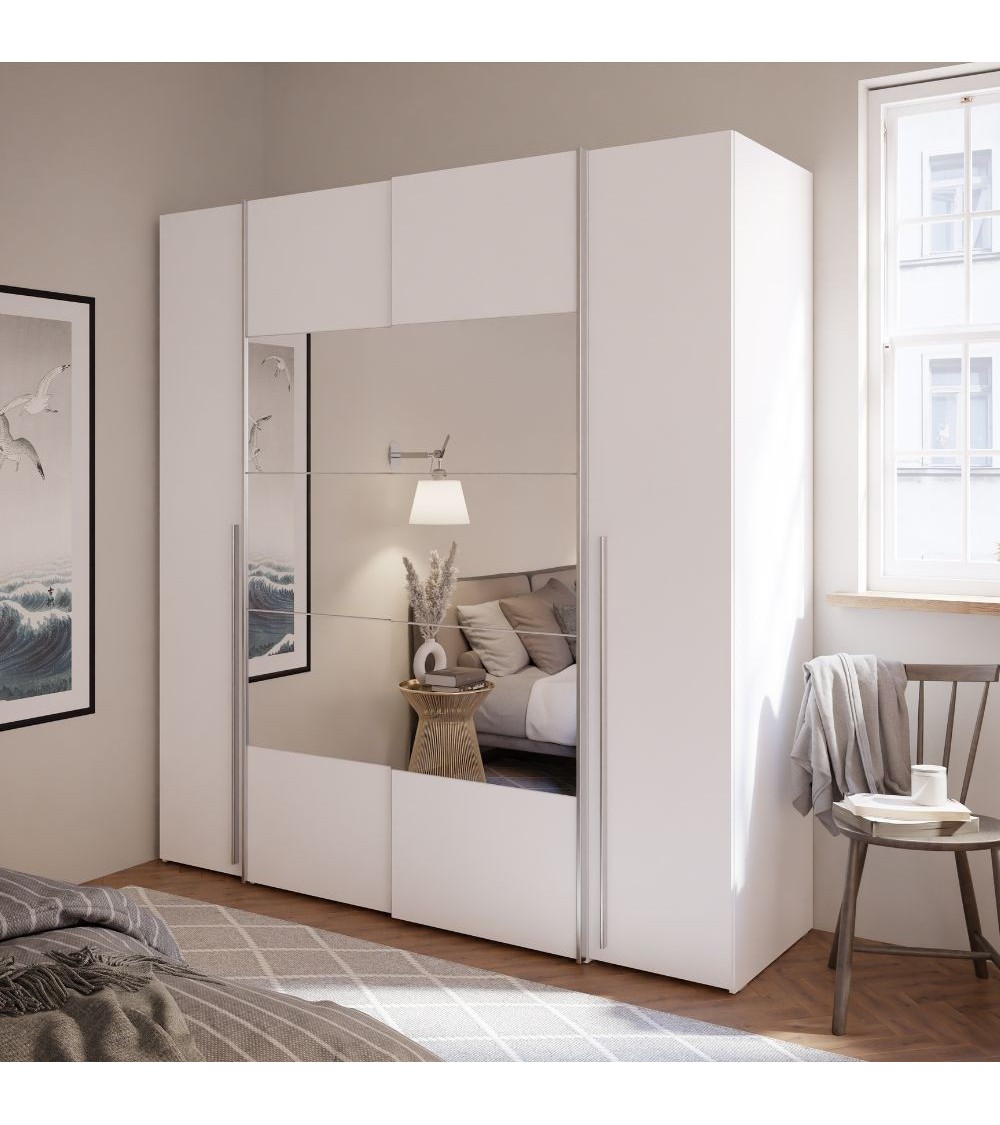 Armadio Callia 2 ante battenti bianco e 2 ante scorrevoli con specchio 200.1x61.2xH210.5 cm.
