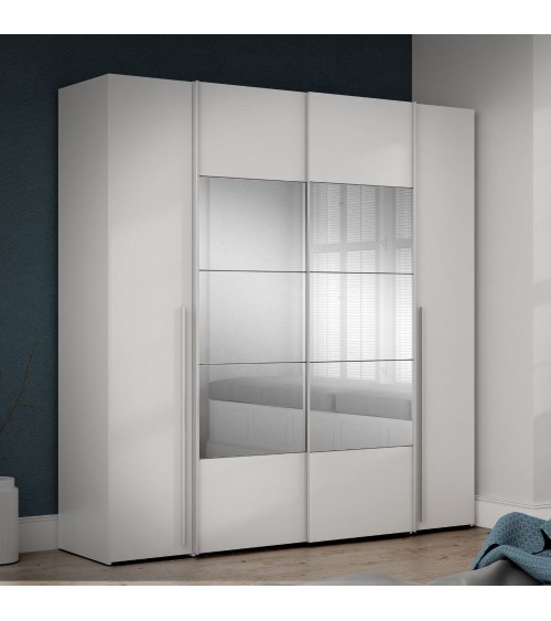 Armadio Callia 2 ante battenti bianco e 2 ante scorrevoli con specchio 200.1x61.2xH210.5 cm.