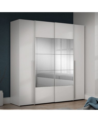 Armadio Callia 2 ante battenti bianco e 2 ante scorrevoli con specchio 200.1x61.2xH210.5 cm.