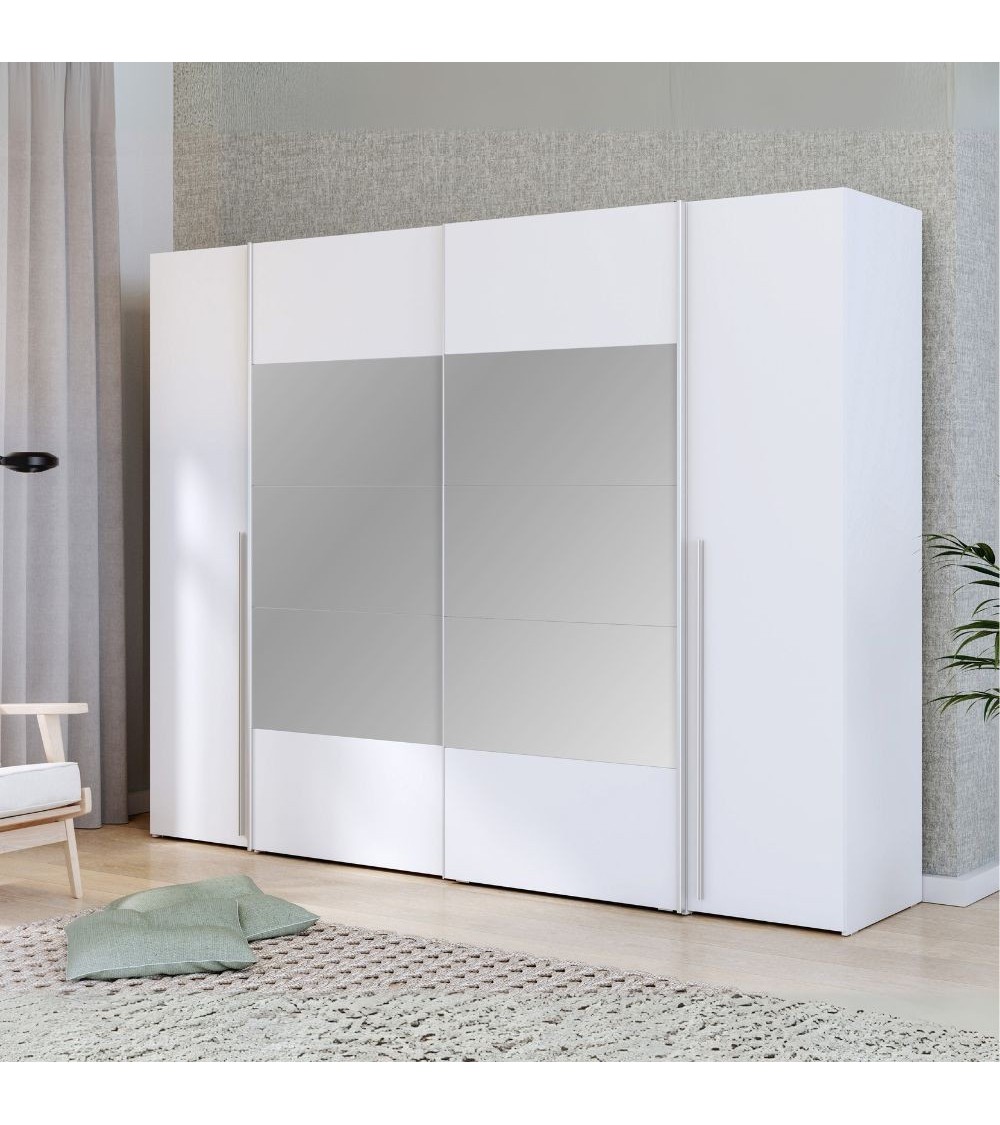 Armadio Callia con 2 ante battenti colore bianco e 2 ante scorrevoli con specchio 270.3x61.2xH210.5 cm.
