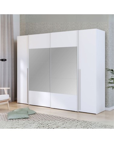 Armadio Callia con 2 ante battenti colore bianco e 2 ante scorrevoli con specchio 270.3x61.2xH210.5 cm.