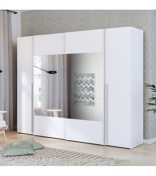 Armadio Callia con 2 ante battenti colore bianco e 2 ante scorrevoli con specchio 270.3x61.2xH210.5 cm.