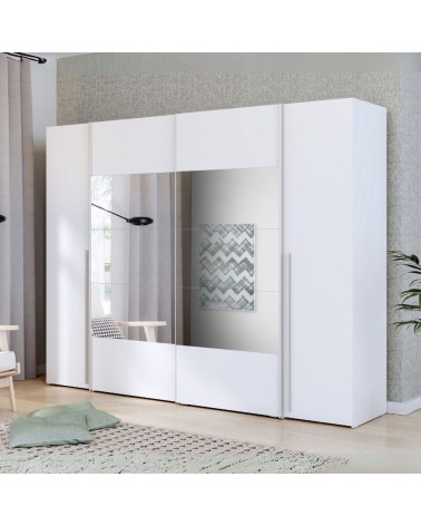 Armadio Callia con 2 ante battenti colore bianco e 2 ante scorrevoli con specchio 270.3x61.2xH210.5 cm.