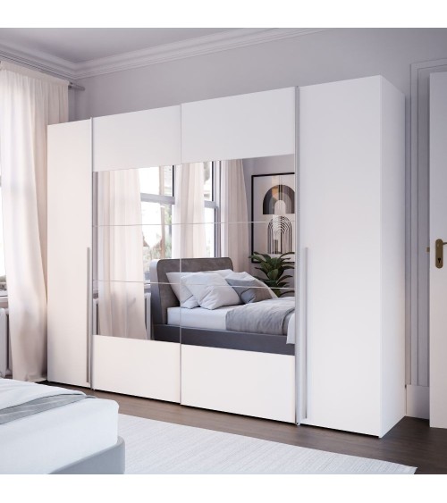 Armadio Callia con 2 ante battenti colore bianco e 2 ante scorrevoli con specchio 270.3x61.2xH210.5 cm.