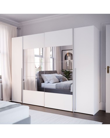 Armadio Callia con 2 ante battenti colore bianco e 2 ante scorrevoli con specchio 270.3x61.2xH210.5 cm.