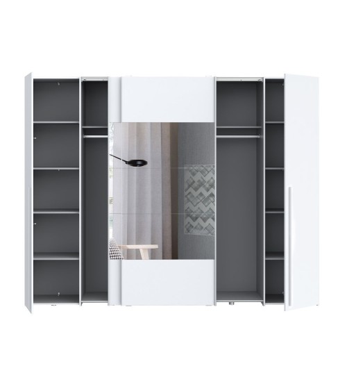 Armadio Callia con 2 ante battenti colore bianco e 2 ante scorrevoli con specchio 270.3x61.2xH210.5 cm.
