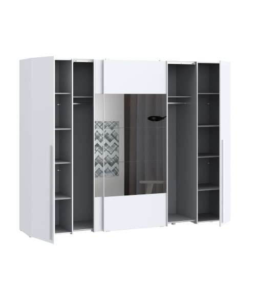 Armadio Callia con 2 ante battenti colore bianco e 2 ante scorrevoli con specchio 270.3x61.2xH210.5 cm.