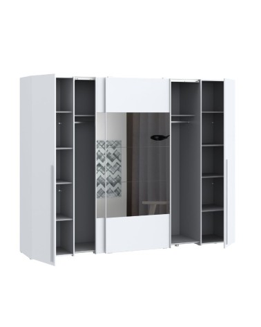 Armadio Callia con 2 ante battenti colore bianco e 2 ante scorrevoli con specchio 270.3x61.2xH210.5 cm.