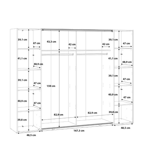 Armadio Callia con 2 ante battenti colore bianco e 2 ante scorrevoli con specchio 270.3x61.2xH210.5 cm.