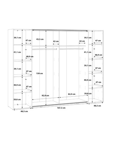 Armadio Callia con 2 ante battenti colore bianco e 2 ante scorrevoli con specchio 270.3x61.2xH210.5 cm.