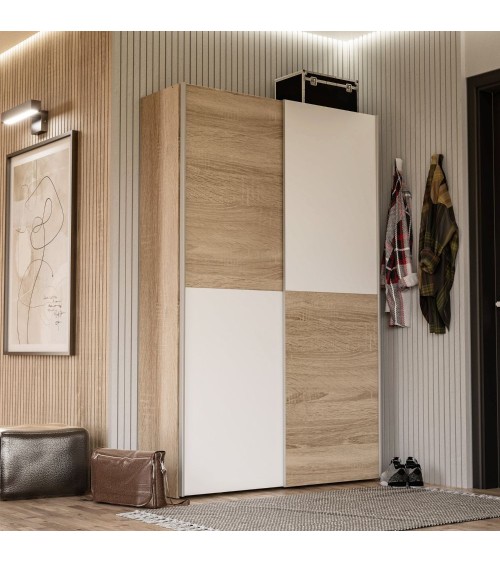 Armadio Zeno con 2 ante scorrevoli rovere e bianco e struttura rovere