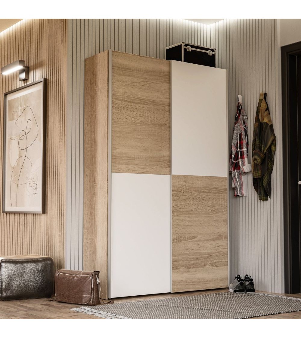 Armadio Zeno con 2 ante scorrevoli rovere e bianco e struttura rovere