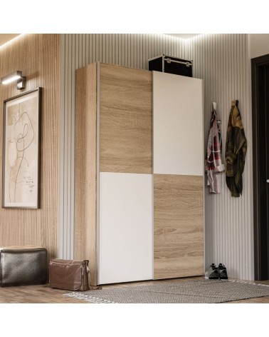 Armadio Zeno con 2 ante scorrevoli rovere e bianco e struttura rovere