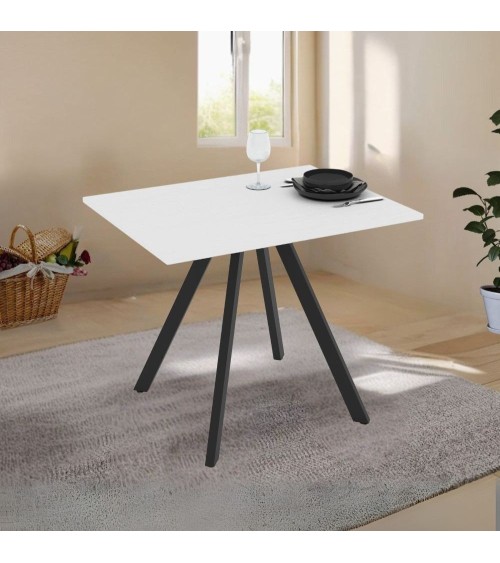 Tavolo fisso Lucas con piano in bianco frassinato e struttura in metallo nero