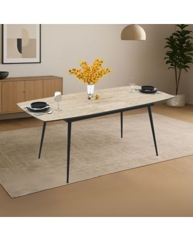 Tavolo allungabile Yense con piano colore travertino e struttura in metallo nero