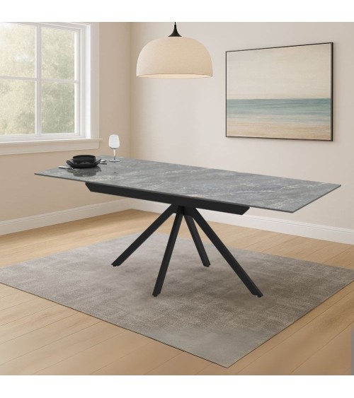 Tavolo allungabile Perla con piano in ceramica effetto marmo grigio e gambe in metallo nero