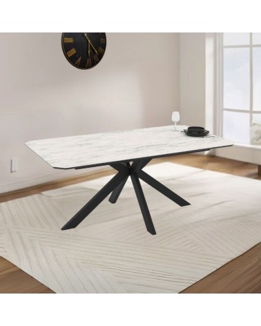 Tavolo fisso Opera con piano effetto marmo bianco opaco e struttura in metallo nero