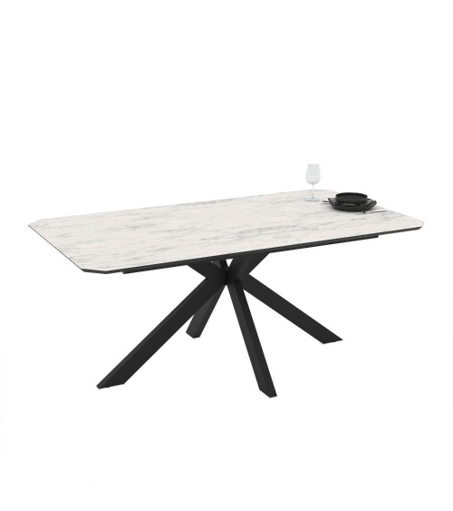 Tavolo fisso Opera con piano effetto marmo bianco opaco e struttura in metallo nero