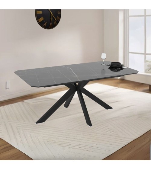 Tavolo fisso Opera con piano effetto marmo nero gold lucido e struttura in metallo nero