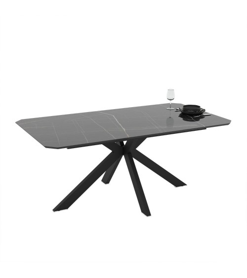 Tavolo fisso Opera con piano effetto marmo nero gold lucido e struttura in metallo nero