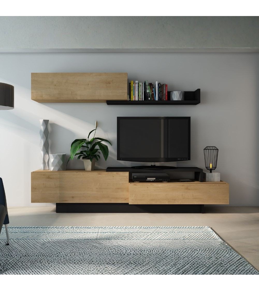Parete attrezzata 8068 con 3 ante a ribalta e ripiano colore antracite e rovere