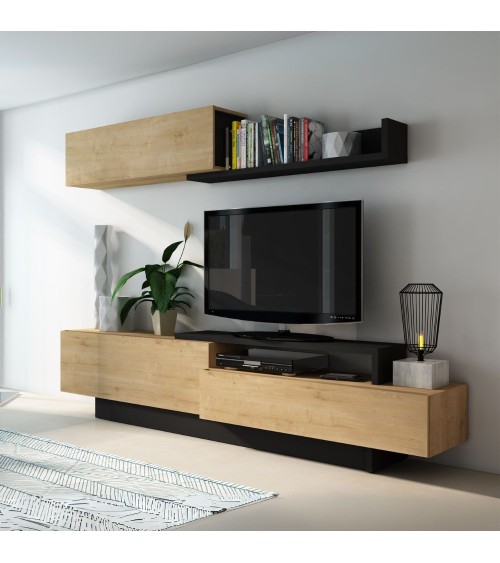 Parete attrezzata 8068 con 3 ante a ribalta e ripiano colore antracite e rovere