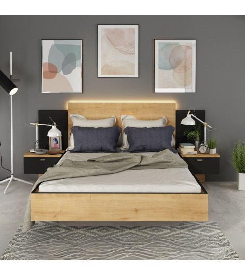 Struttura letto alla francese 1517 con comodini integrati colore rovere e nero