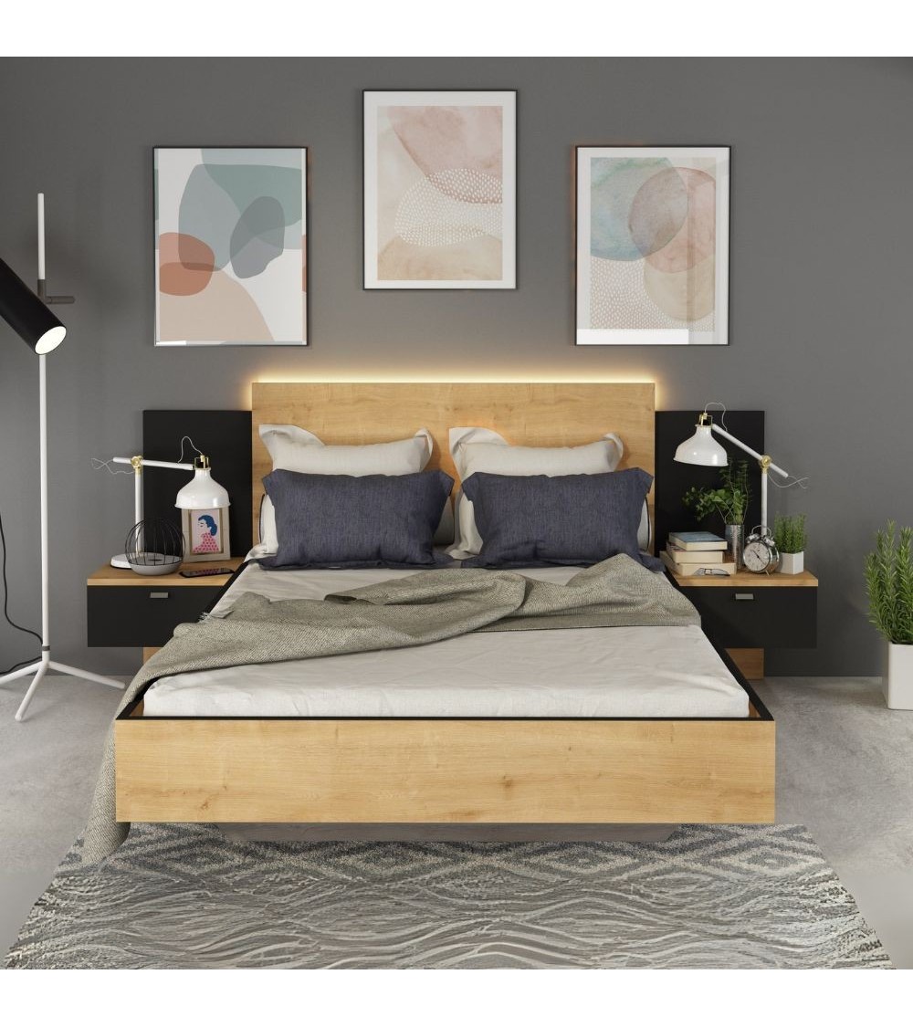 Struttura letto alla francese 1517 con comodini integrati colore rovere e nero
