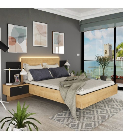 Struttura letto alla francese 1517 con comodini integrati colore rovere e nero