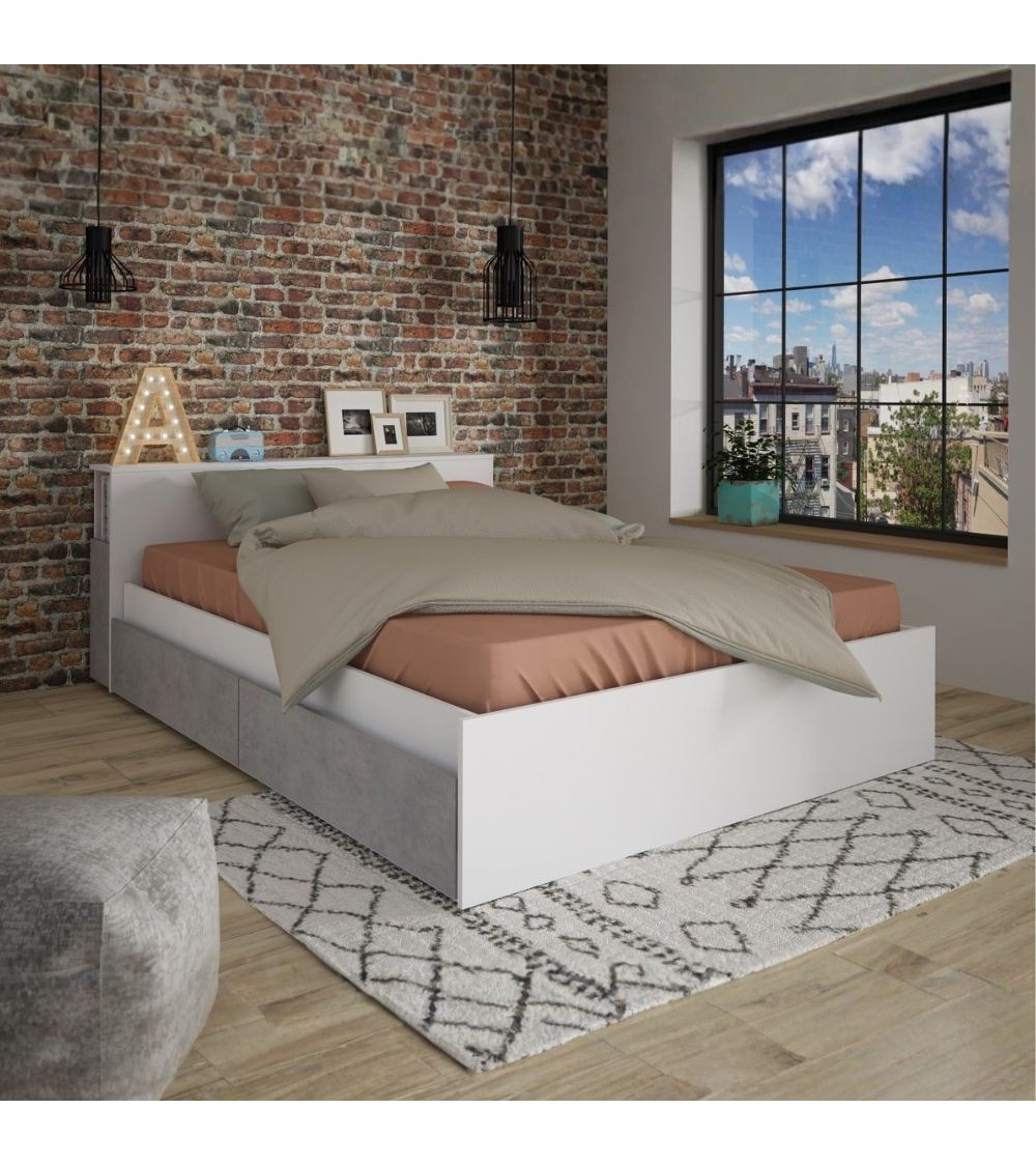 Letto contenitore 1566 alla francese con 4 cassettoni e comodini estraibili colore bianco e cemento