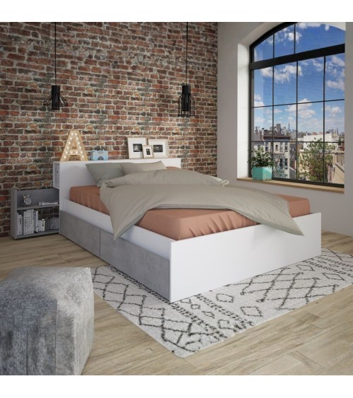 Letto contenitore 1566 alla francese con 4 cassettoni e comodini estraibili colore bianco e cemento
