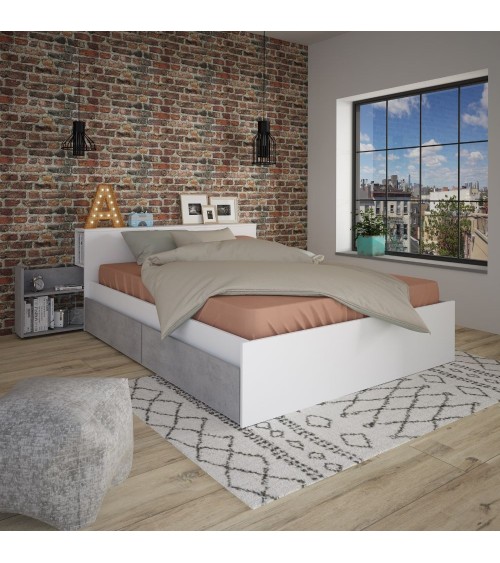 Letto contenitore 1566 alla francese con 4 cassettoni e comodini estraibili colore bianco e cemento