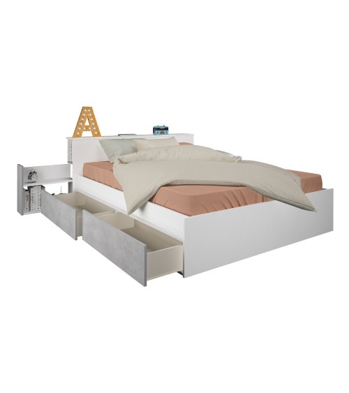 Letto contenitore 1566 alla francese con 4 cassettoni e comodini estraibili colore bianco e cemento