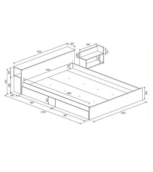 Letto contenitore 1566 alla francese con 4 cassettoni e comodini estraibili colore bianco e cemento
